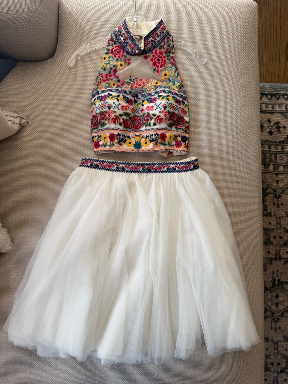 Sherri Hill Ivory Tulle Skirt with Multicolor Embroidered Crop Top